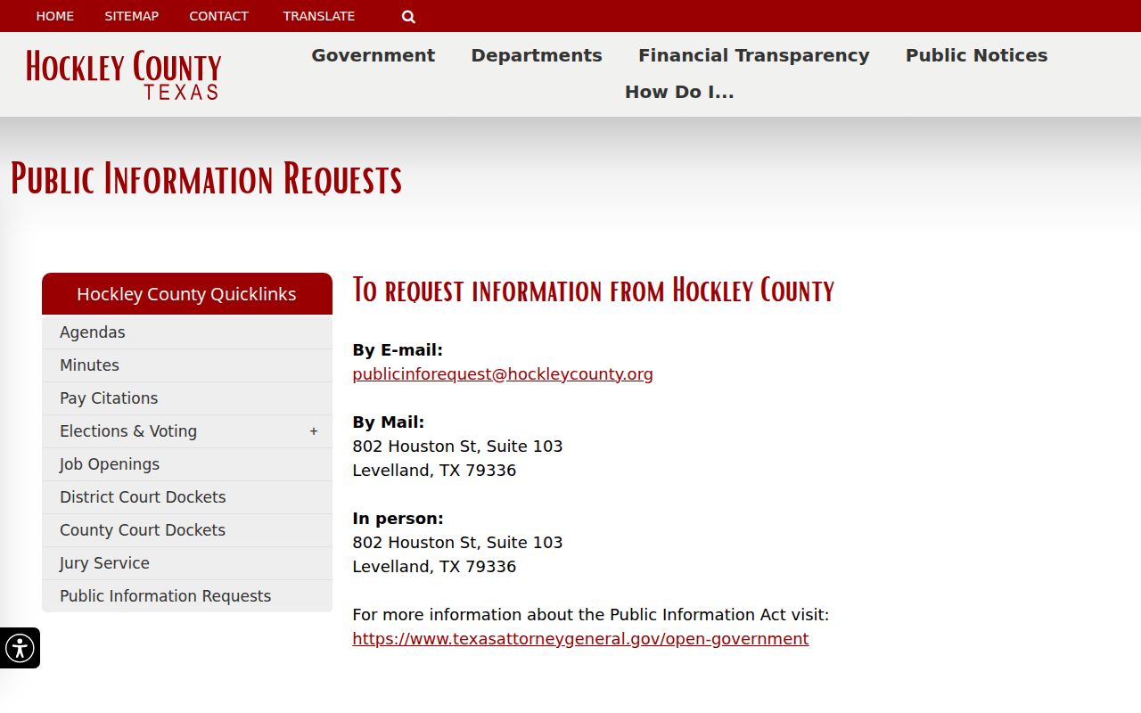 Hockley County criminal records public information request channels