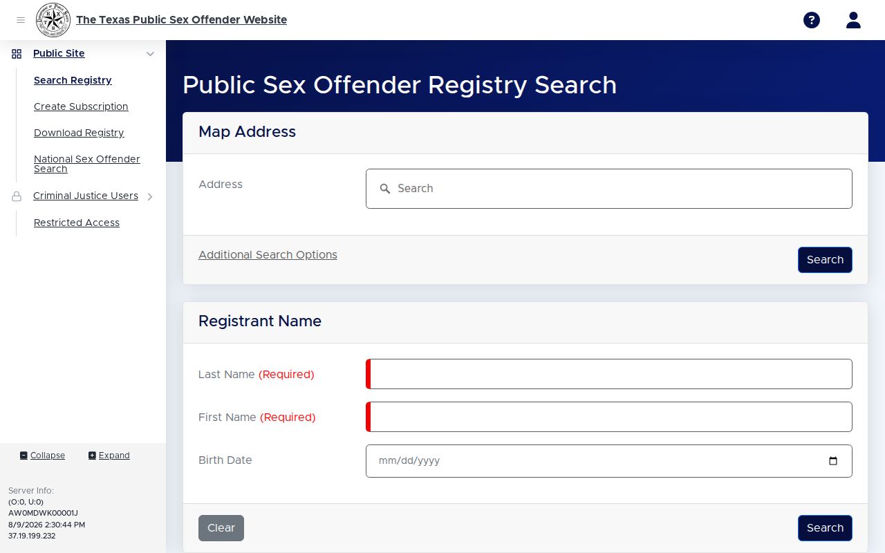 Hockley County sex offender search fields on the Texas DPS registry