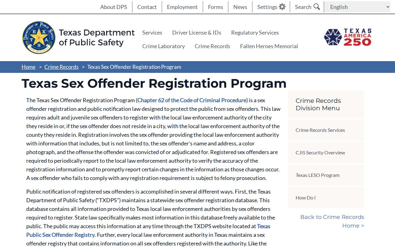 Texas registration program rules for Hockley County sex offenders